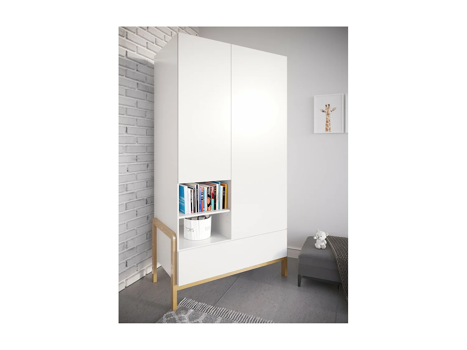Armoire enfant scandinave blanche et pieds en bois de chêne Vanka