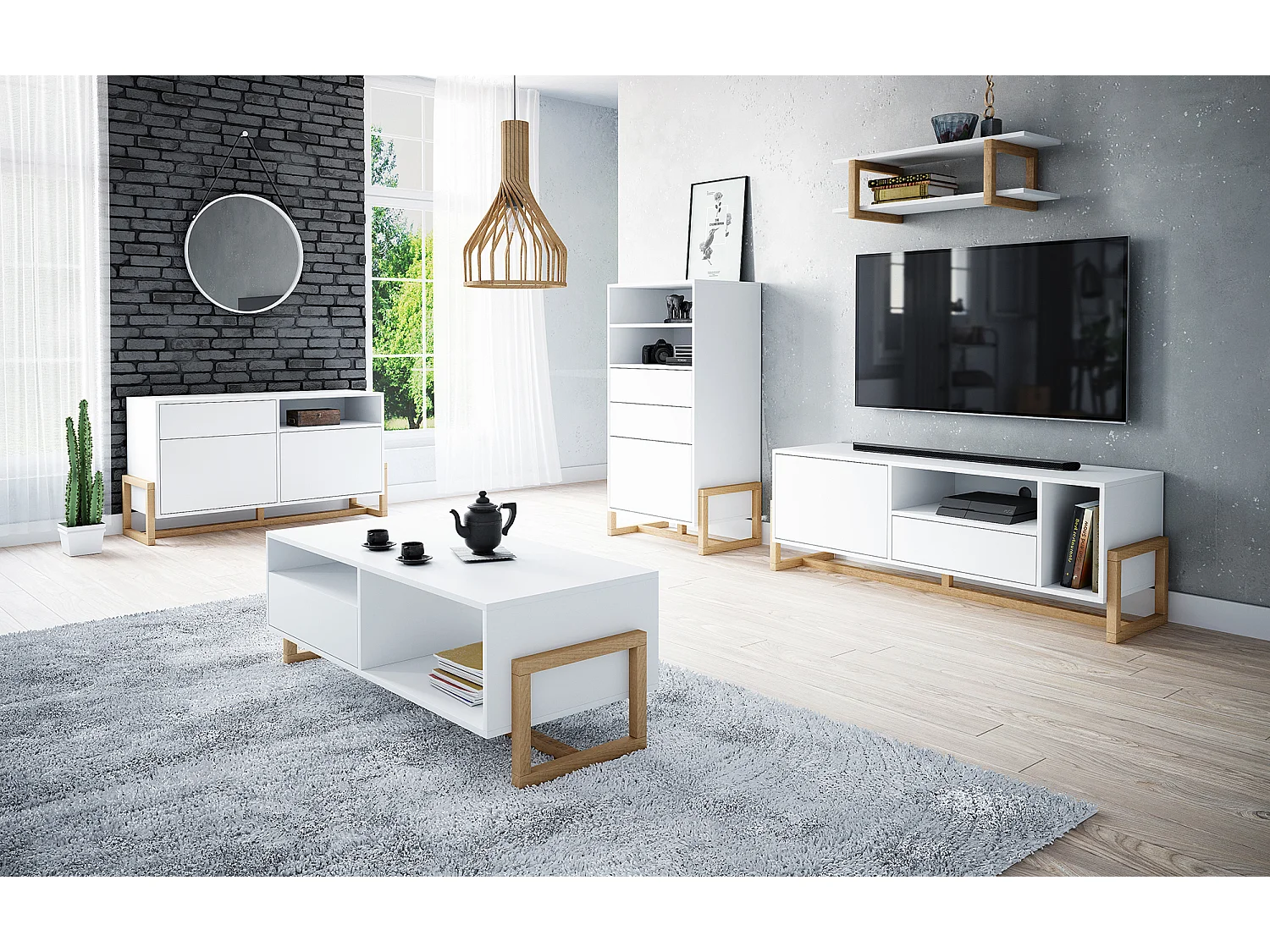 Armoire de rangement 1 porte 2 tiroirs blanc mat et naturel Kozlo 63cm