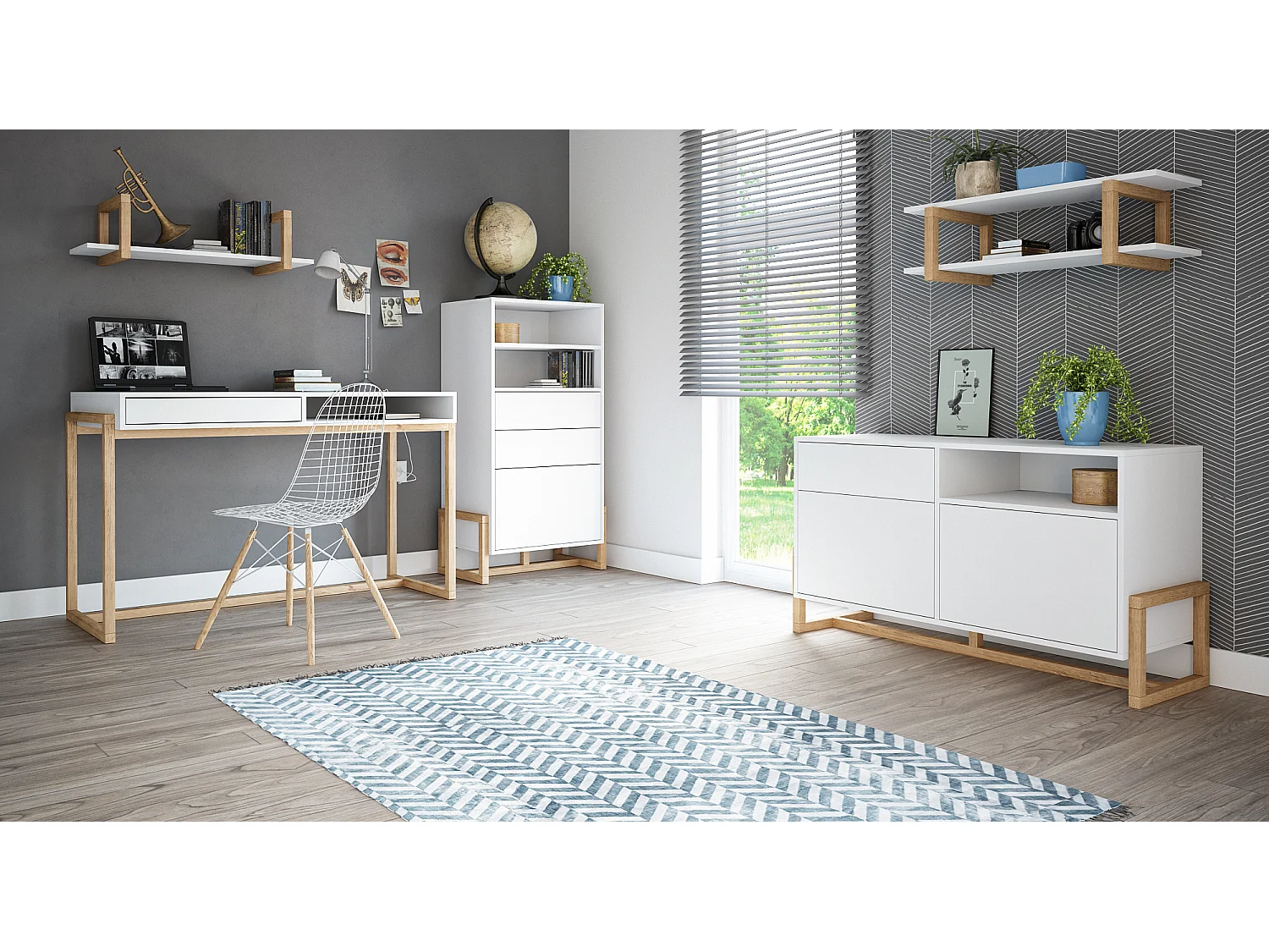 Armoire de rangement 1 porte 2 tiroirs blanc mat et naturel Kozlo 63cm