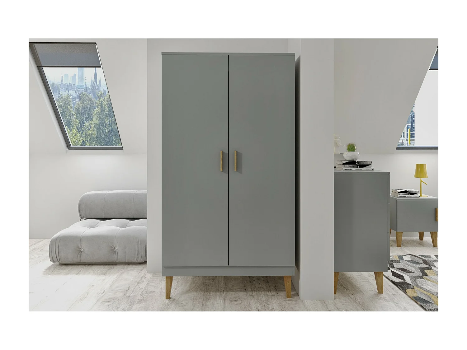 Armoire 2 Portes grise et pieds en bois de chêne Blanka