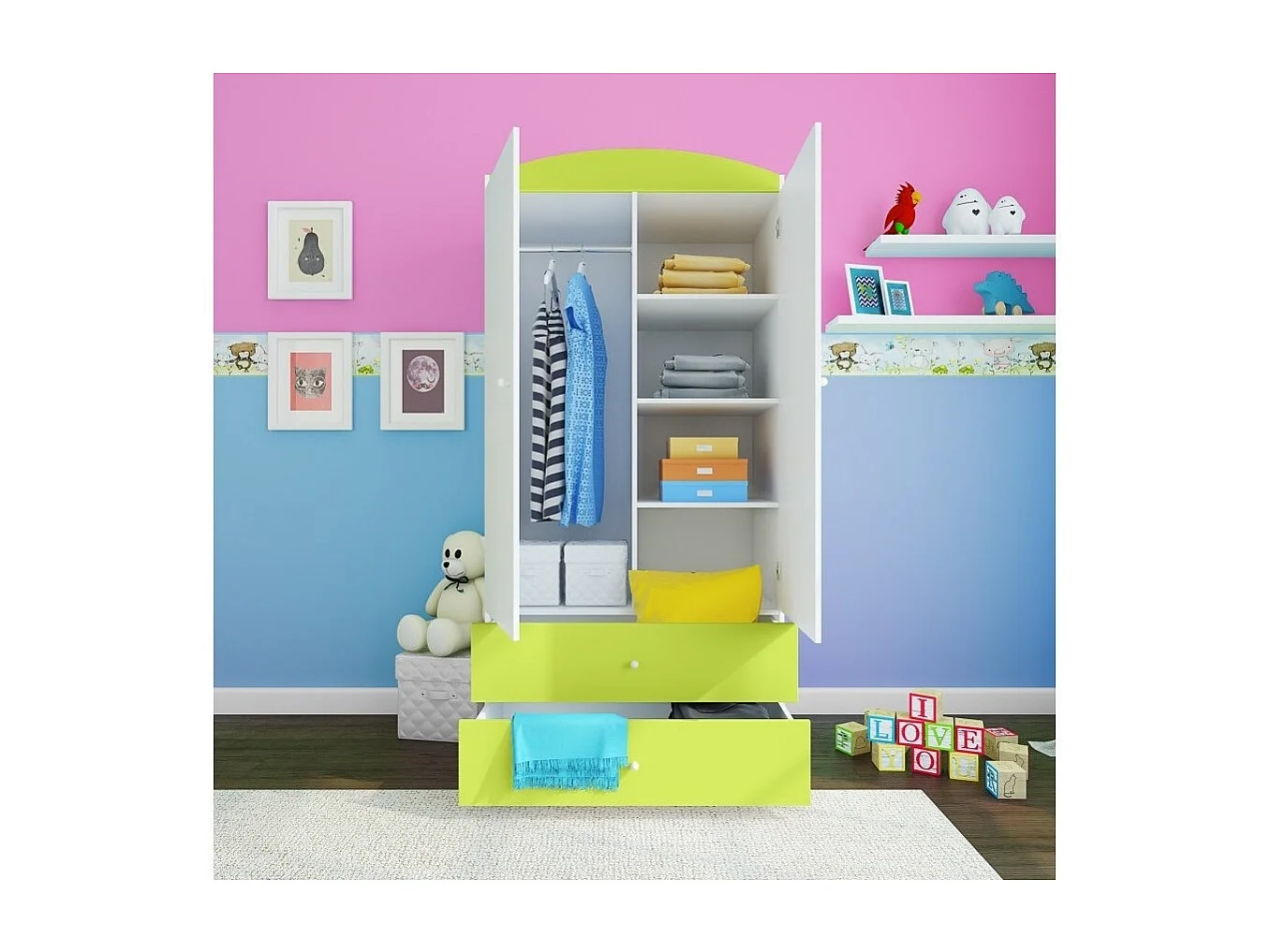 Armoire verte 2 portes enfant version grue Drimy