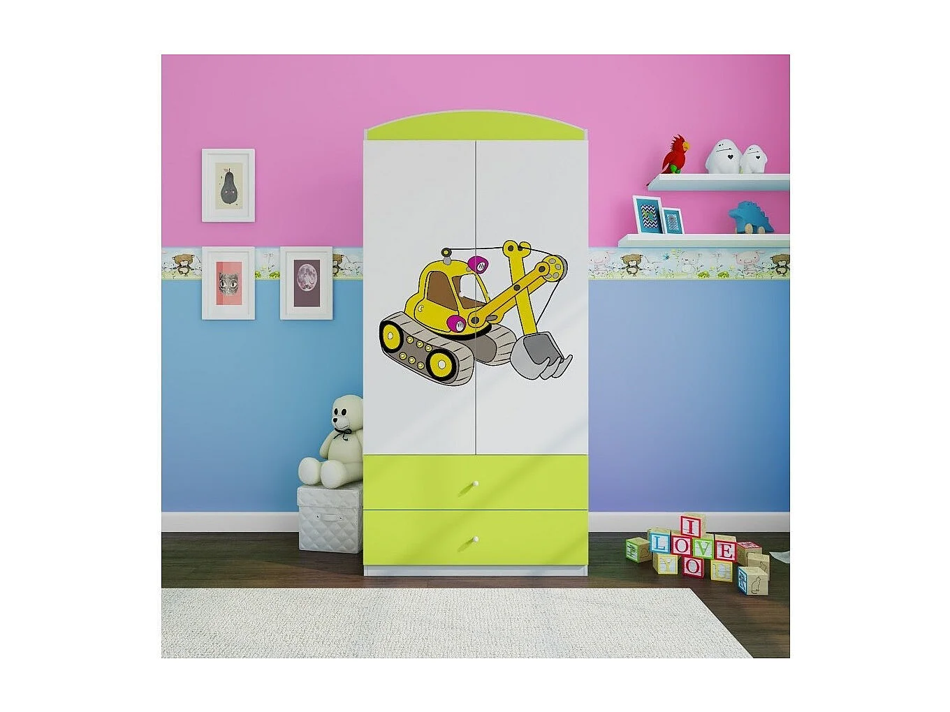 Armoire verte 2 portes enfant version grue Drimy