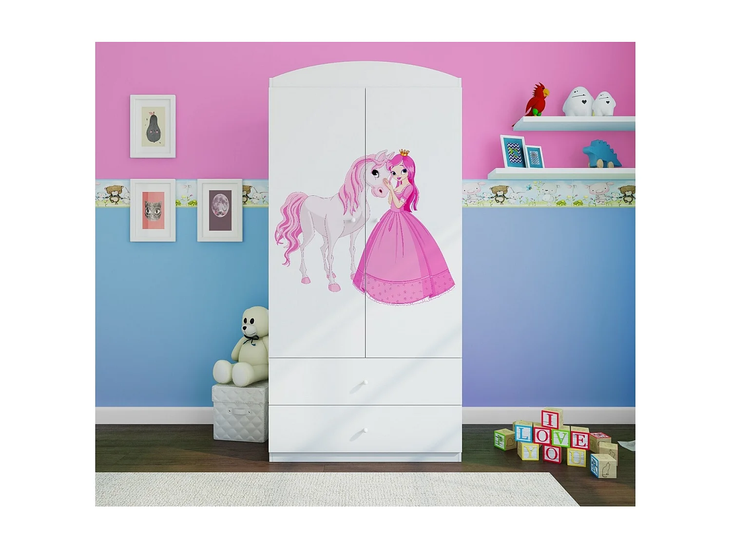Armoire 2 portes enfant blanche princesse debout et cheval Drimy