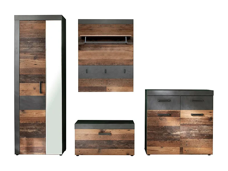 Conjunto de mueble de entrada de 4 piezas en roble oscuro y melamina gris Orcel