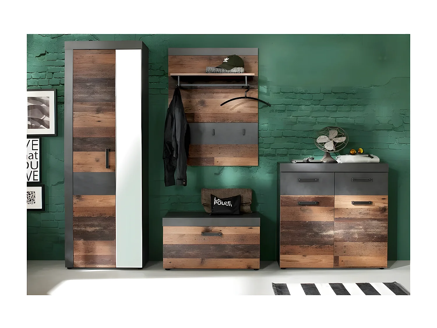 Ensemble meuble d'entrée 4 pièces mélaminé chêne foncé et gris Orcel