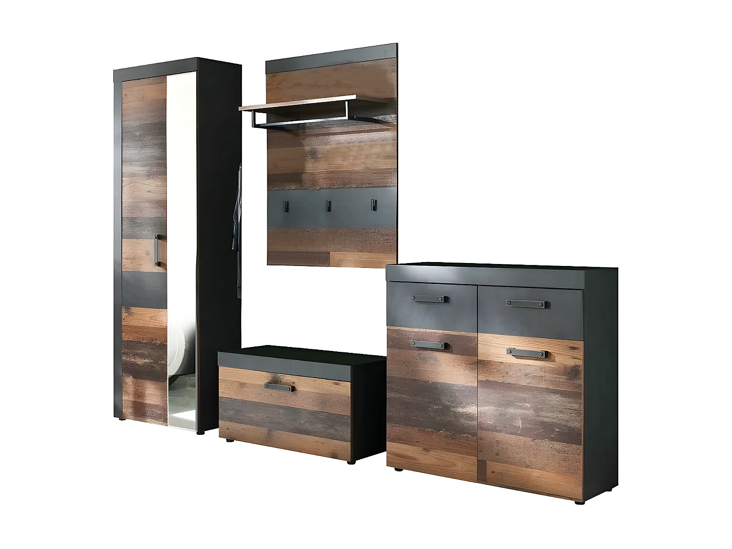 Ensemble meuble d'entrée 4 pièces mélaminé chêne foncé et gris Orcel
