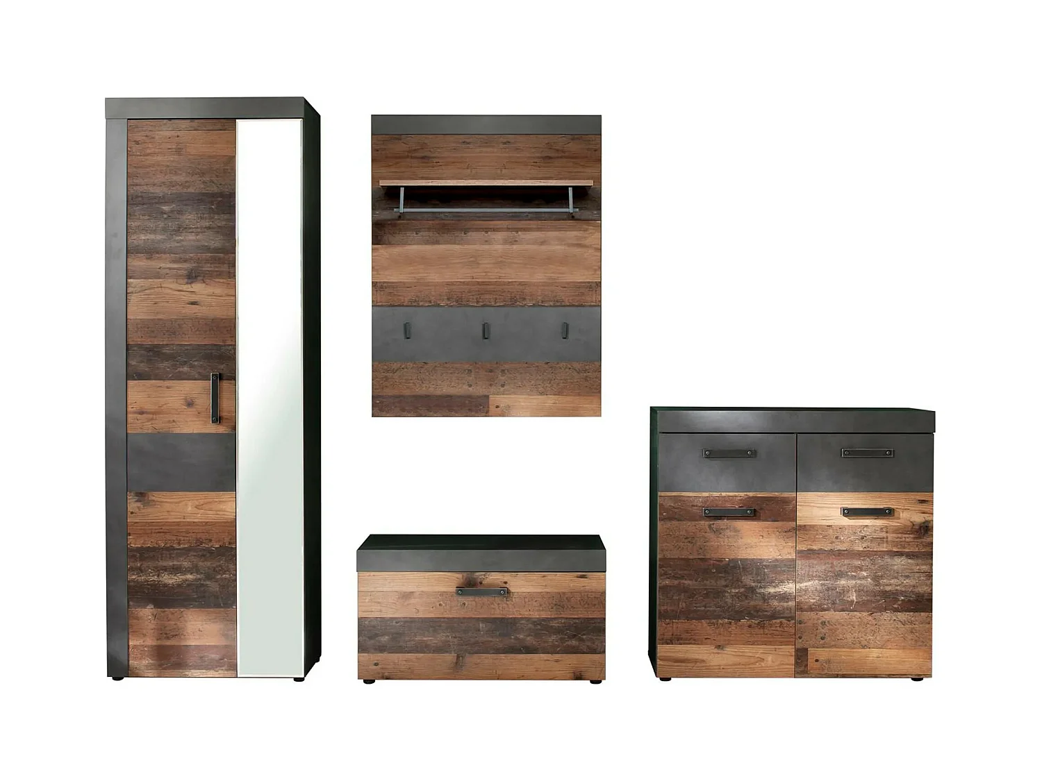 Ensemble meuble d'entrée 4 pièces mélaminé chêne foncé et gris Orcel