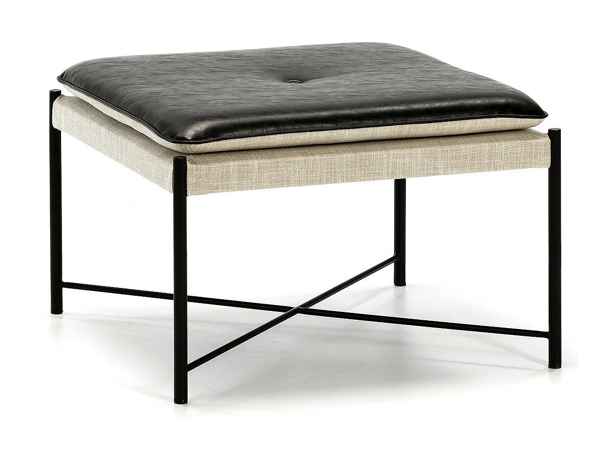 Pouf carré tissu beige et simili cuir noir Aaron