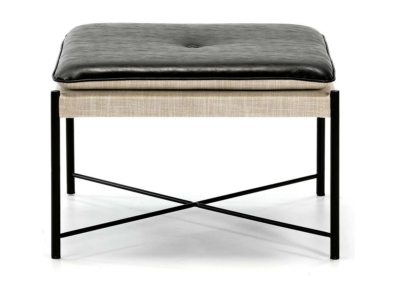 Pouf carré tissu beige et simili cuir noir Aaron