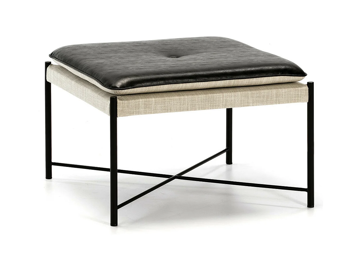 Pouf carré tissu beige et simili cuir noir Aaron