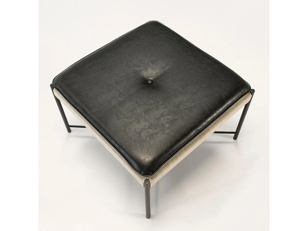 Pouf carré tissu beige et simili cuir noir Aaron