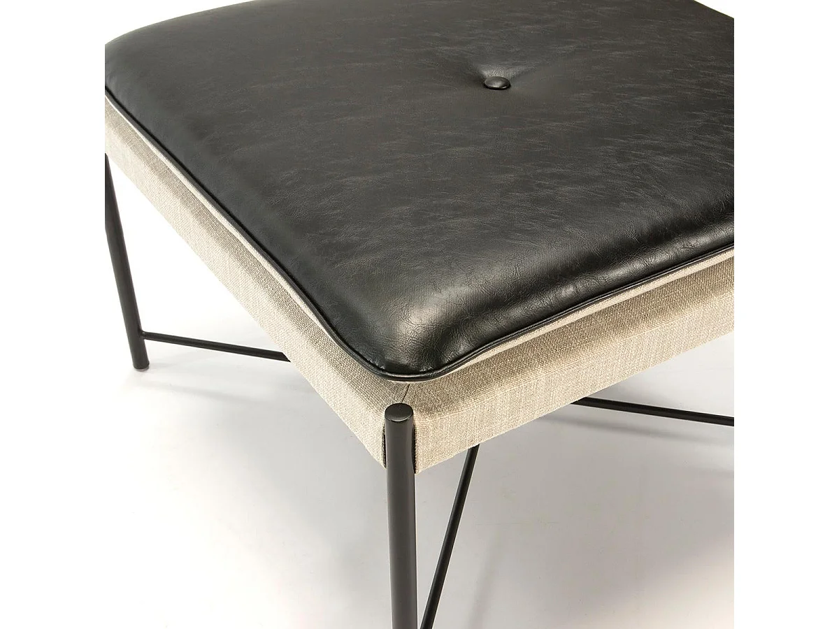 Pouf carré tissu beige et simili cuir noir Aaron