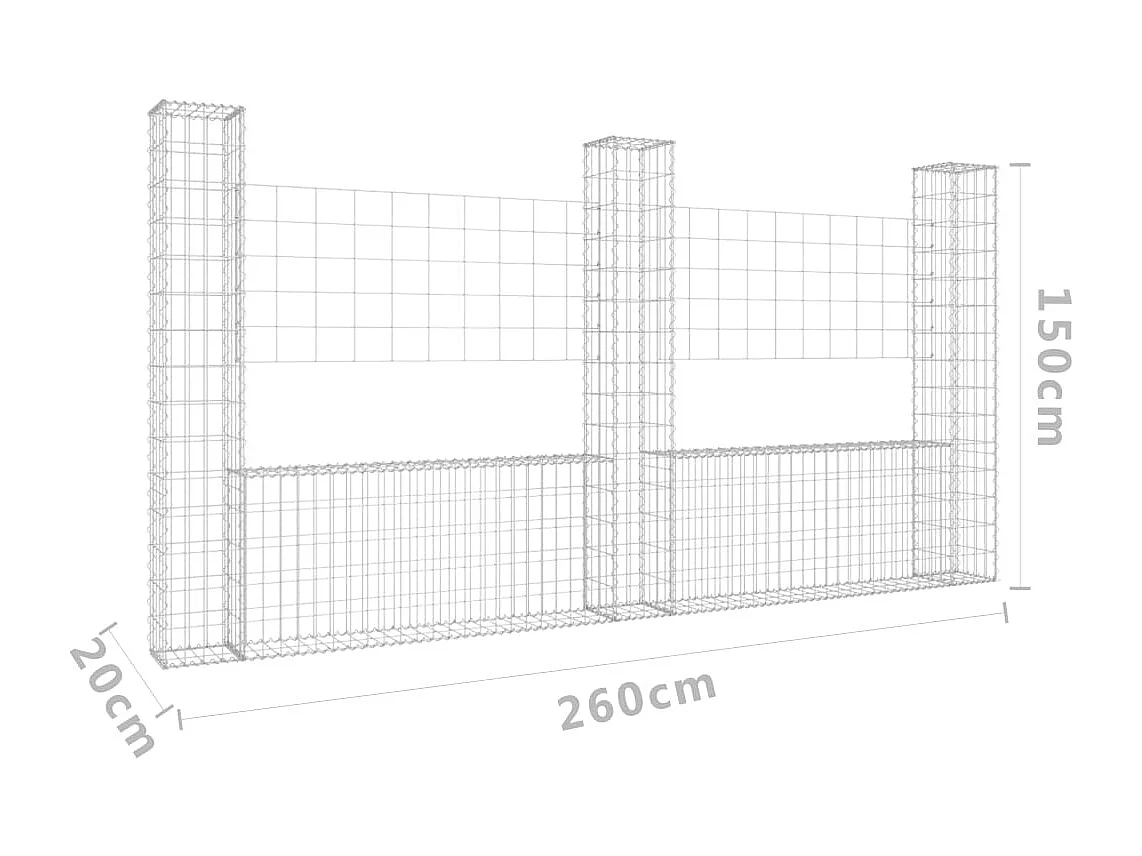Panier de gabion en forme de U avec 3 poteaux Fer 260x20x150