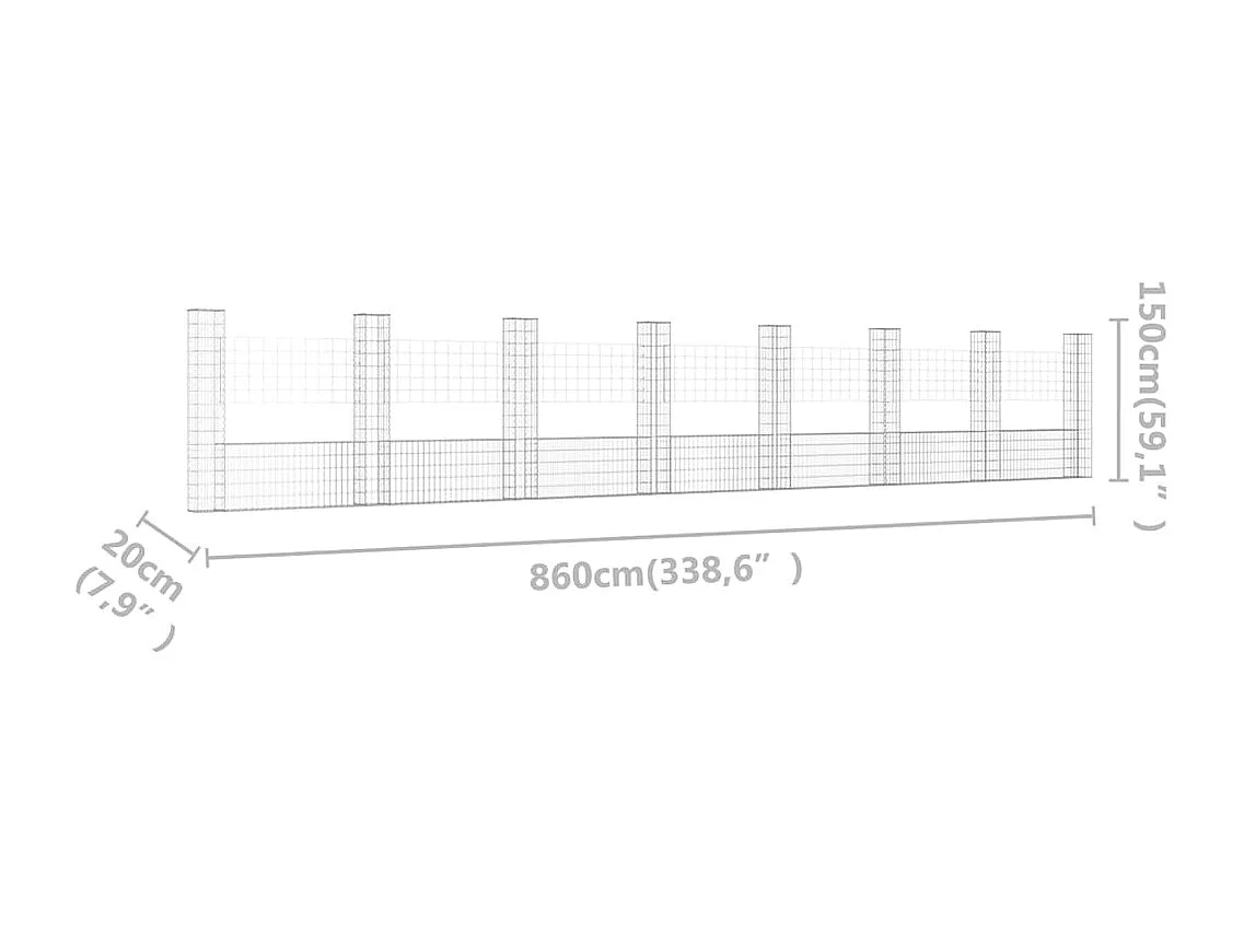 Panier de gabion en forme de U avec 8 poteaux Fer 860x20x150