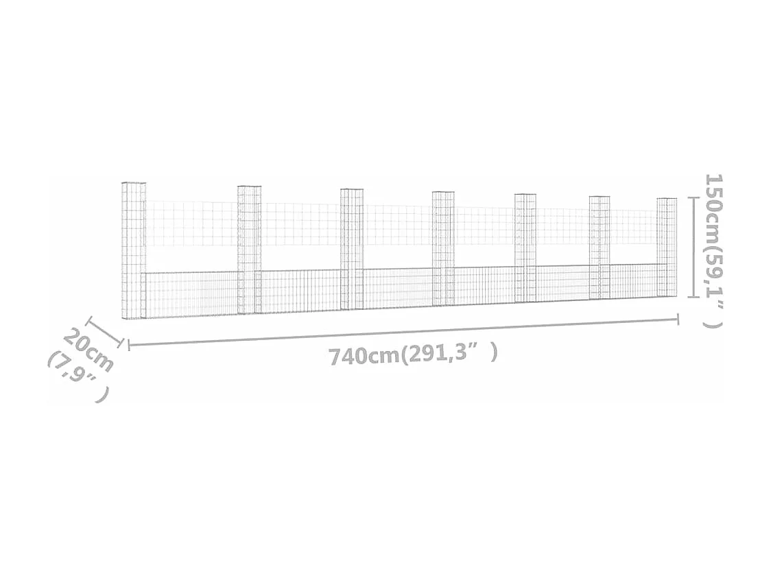 Panier de gabion en forme de U avec 7 poteaux Fer 740x20x150