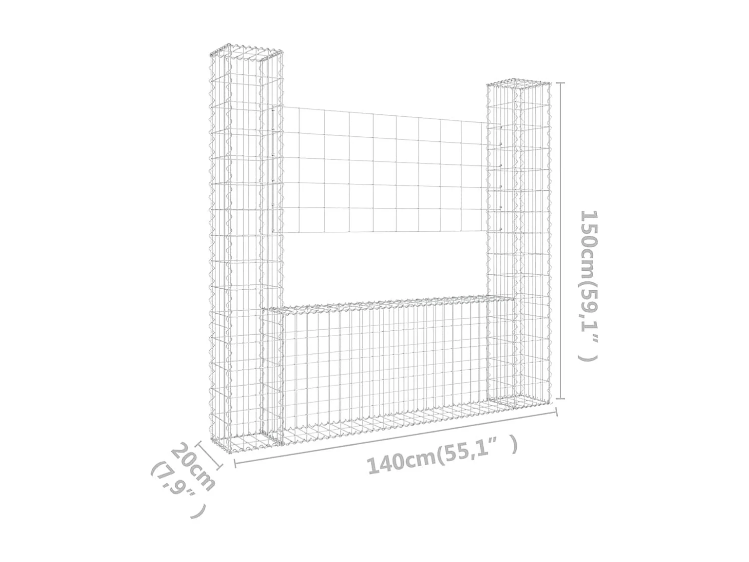 Panier de gabion en forme de U avec 2 poteaux Fer 140x20x150