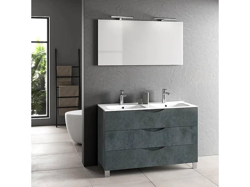 Ensemble meuble de salle de bain 3 tiroirs bleu effet pierre double vasque et miroir à LED Olo L 120cm