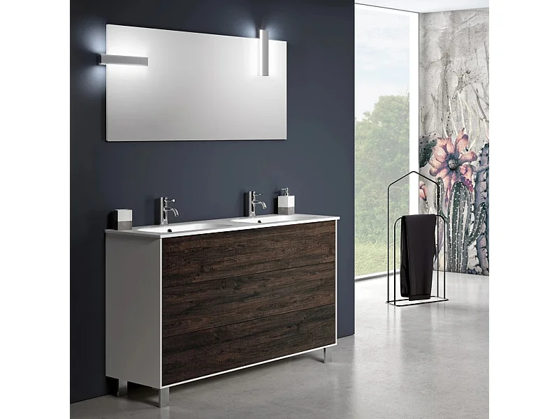 Ensemble meuble de salle de bain 3 tiroirs bois blanc et marron et miroir à LED Lago L 120cm