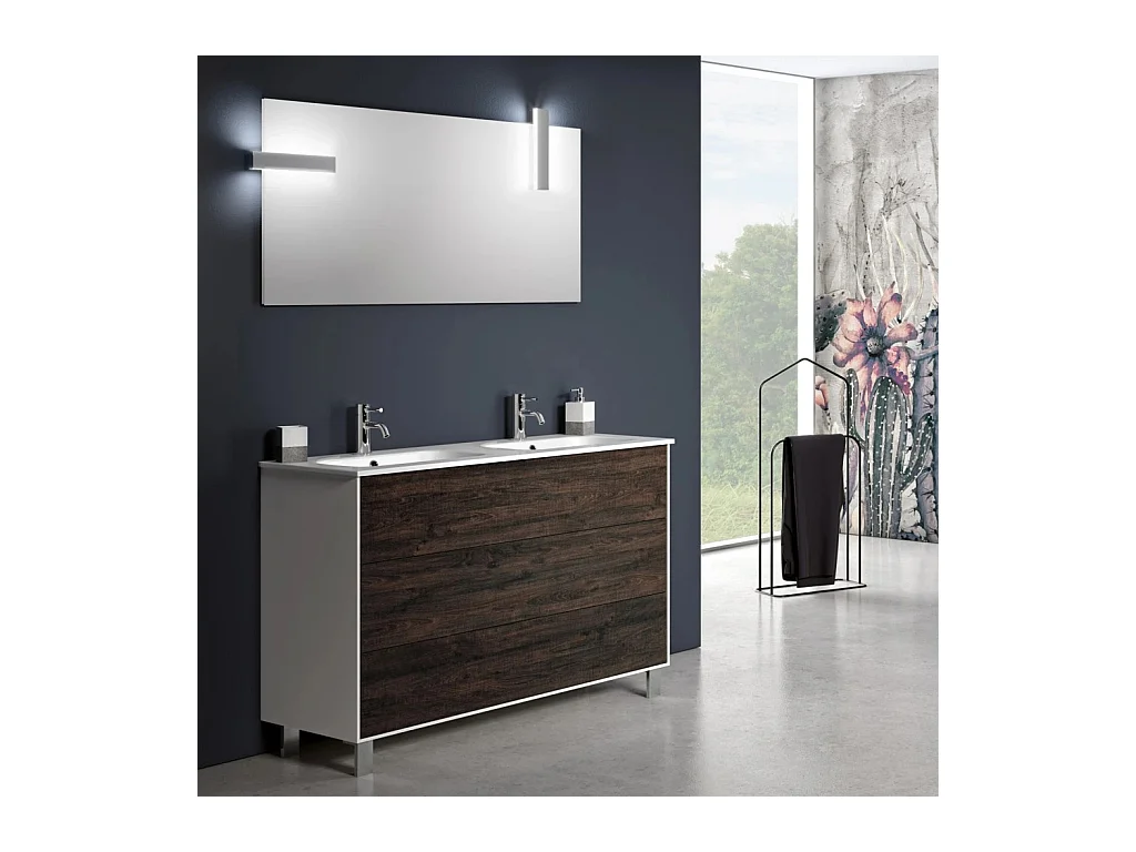 Ensemble meuble de salle de bain 3 tiroirs bois blanc et marron et miroir à LED Lago L 120cm