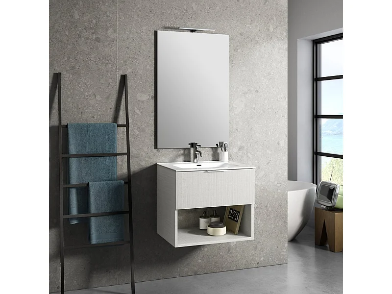 Ensemble meuble de salle de bain 1 tiroir bois blanc et miroir lumineux Noe L 60cm