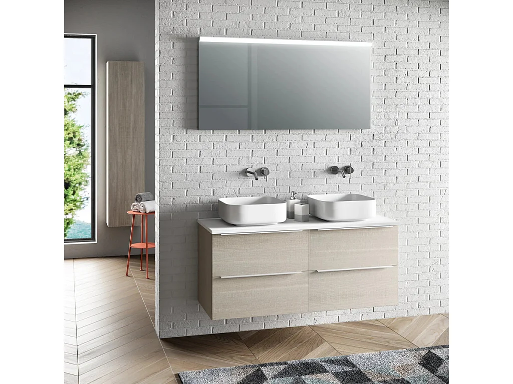 Ensemble meuble de salle de bain 4 tiroirs bois beige et miroir lumineux Malo L 120cm