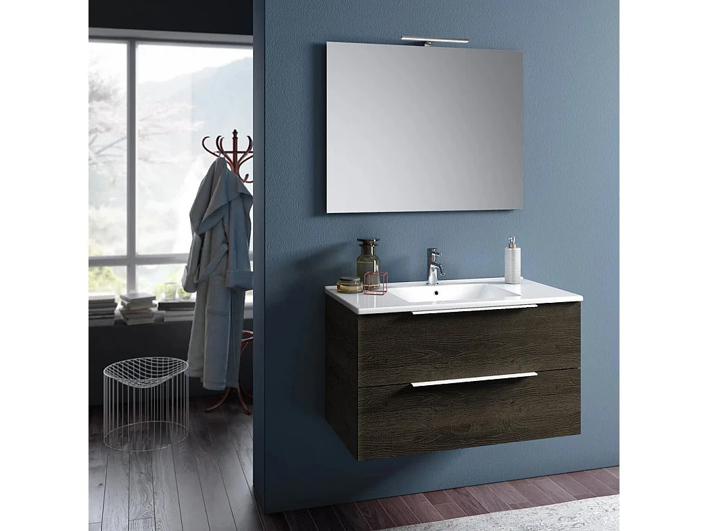 Ensemble meuble de salle de bain 2 tiroirs marron foncé et miroir à LED Mola L 100cm