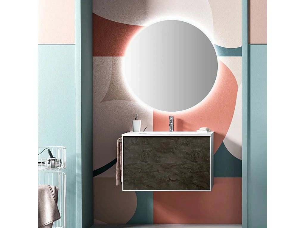 Ensemble meuble de salle de bain 2 tiroirs laqué blanc et gris oxyde et miroir à LED Lago L 80cm