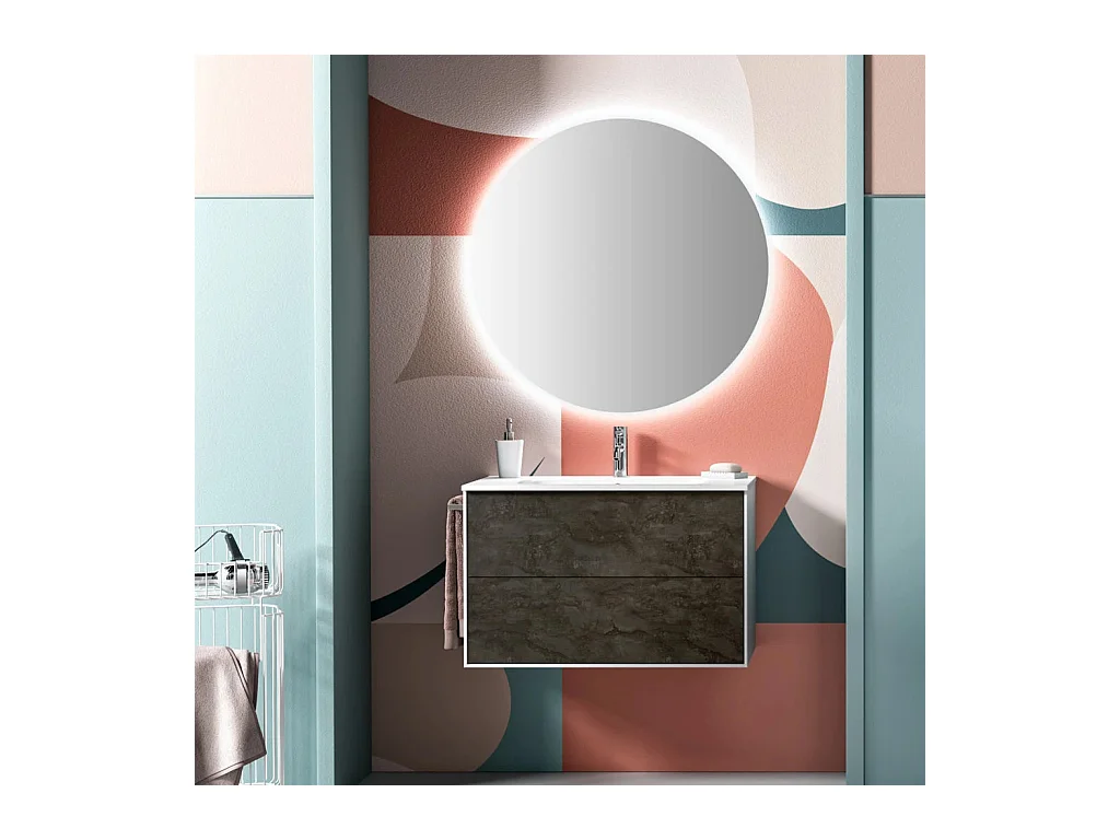 Ensemble meuble de salle de bain 2 tiroirs laqué blanc et gris oxyde et miroir à LED Lago L 80cm