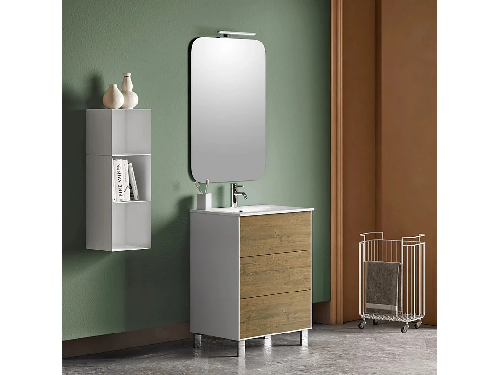 Ensemble meuble de salle de bain 3 tiroirs laqué blanc et chêne et miroir lumineux Lago L 60cm