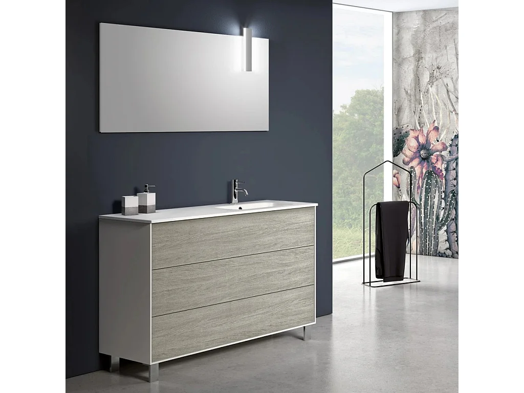 Ensemble meuble de salle de bain 3 tiroirs blanc et beige et miroir à LED Lago L 120cm