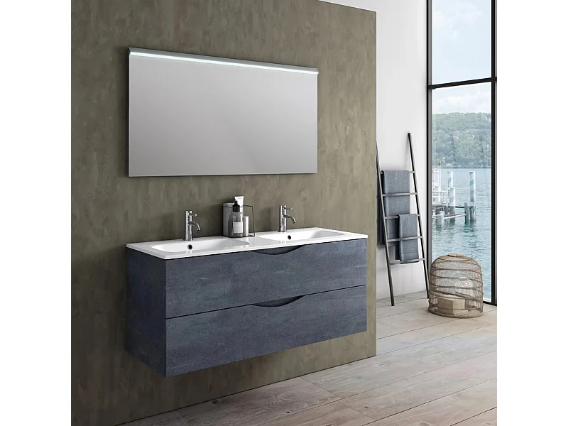 Ensemble meuble de salle de bain 2 tiroirs bleu effet pierre double vasque et miroir lumineux Olo L 120cm
