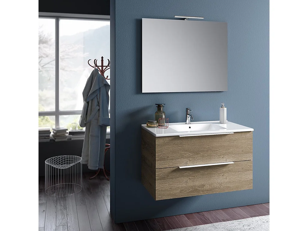Ensemble meuble de salle de bain 2 tiroirs chêne clair et miroir à LED Mola L 90cm