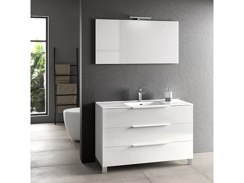 Ensemble meuble de salle de bain 3 tiroirs laqué blanc brillant et miroir lumineux Malo L 120cm