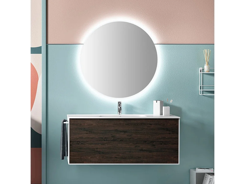 Ensemble meuble de salle de bain 2 tiroirs laqué blanc et marron et miroir lumineux Lago L 120cm