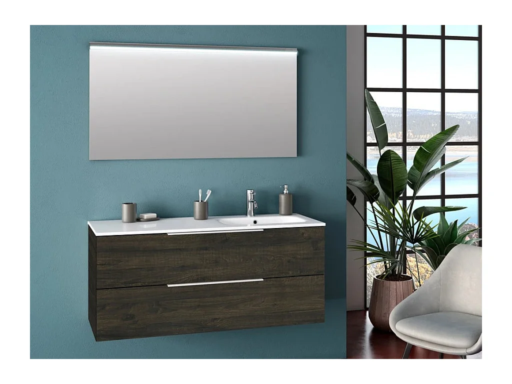 Ensemble meuble de salle de bain 2 tiroirs bois marron et miroir à LED Malo L 120cm