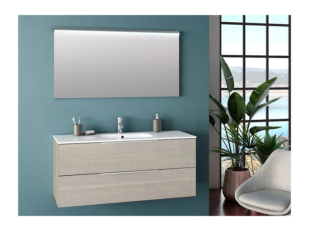 Ensemble meuble de salle de bain 2 tiroirs beige et miroir lumineux Molam L 120cm