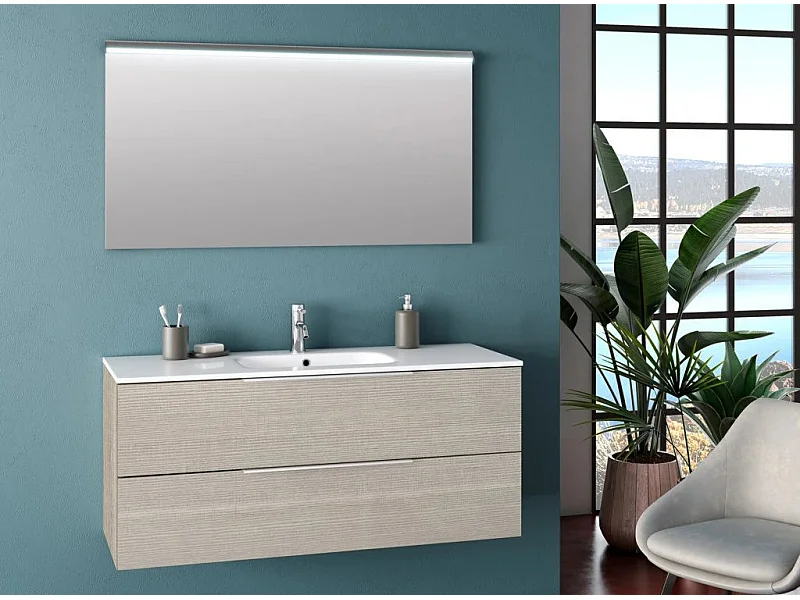 Ensemble meuble de salle de bain 2 tiroirs beige et miroir lumineux Molam L 120cm
