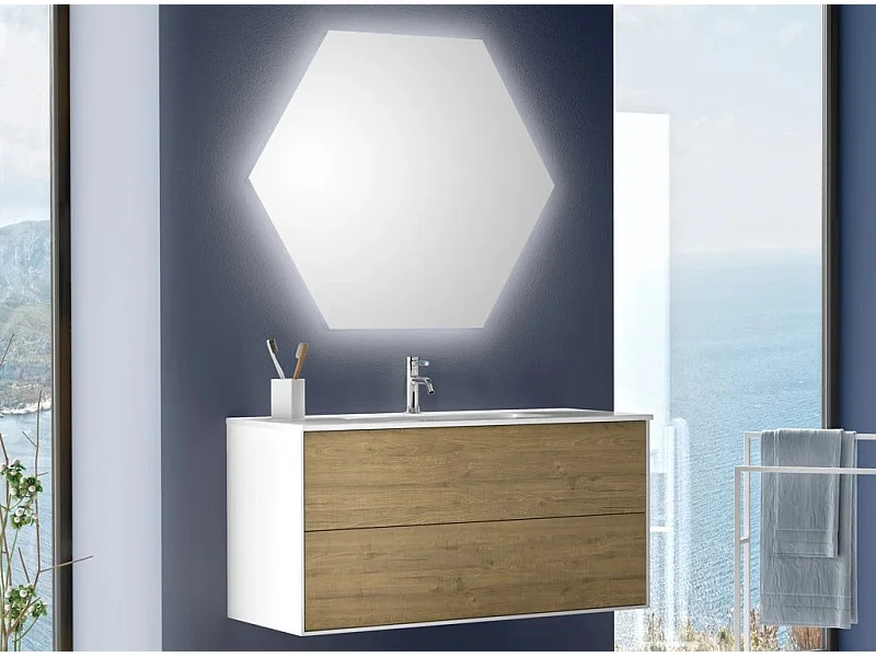 Ensemble meuble de salle de bain 2 tiroirs laqué blanc et chêne et miroir lumineux Lago L 100cm