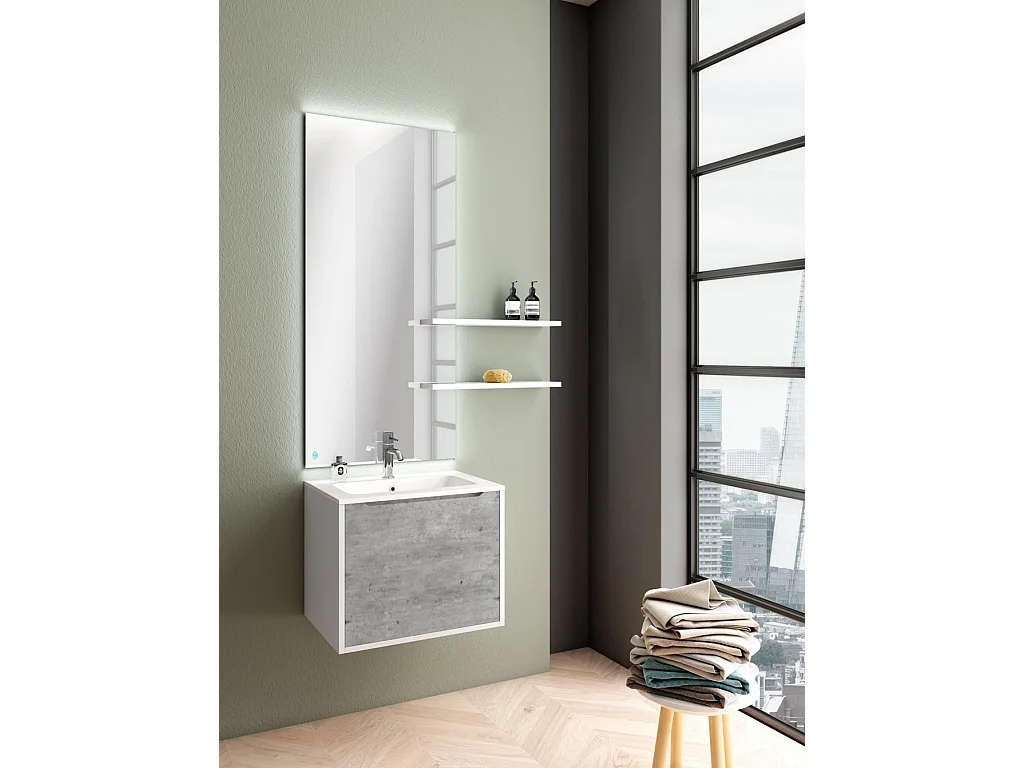 Ensemble meuble de salle de bain 1 tiroir laqué blanc et effet béton avec miroir lumineux et 2 étagères Selb L 60cm