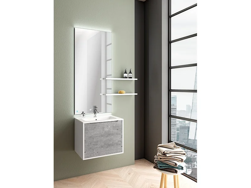 Ensemble meuble de salle de bain 1 tiroir laqué blanc et effet béton avec miroir lumineux et 2 étagères Selb L 60cm