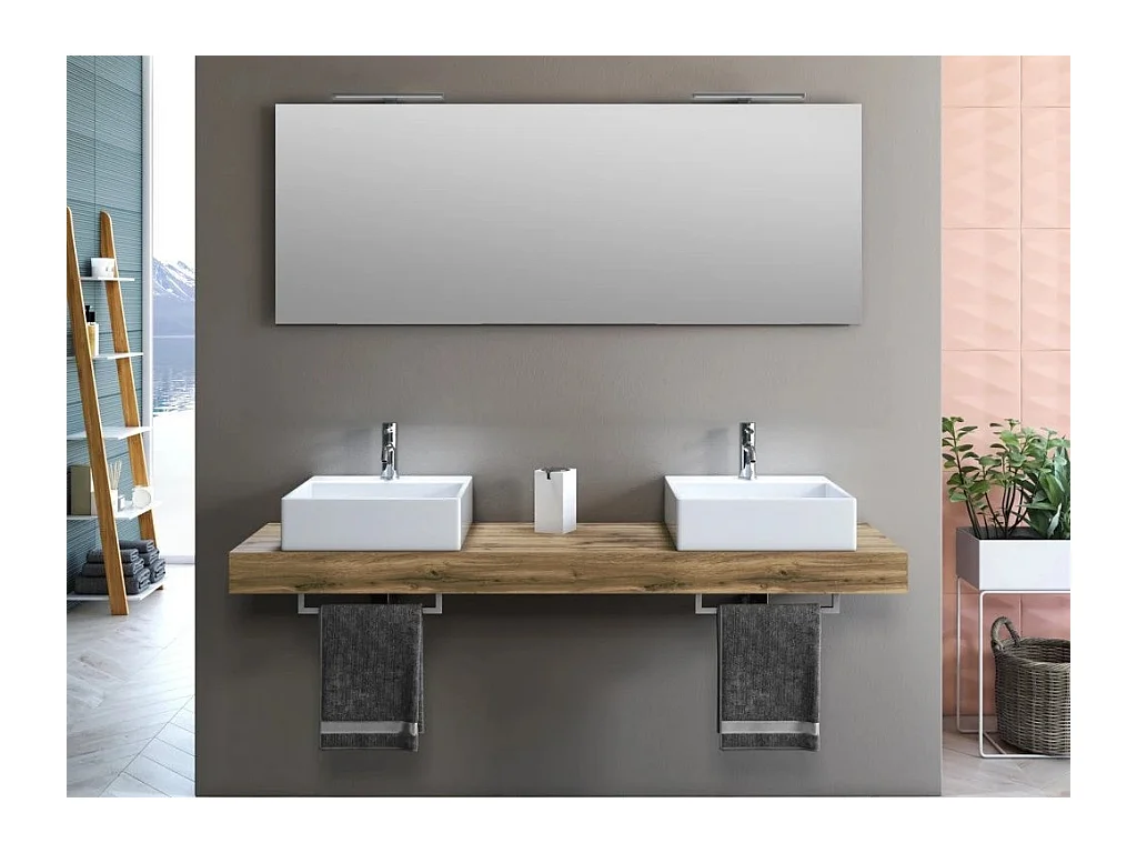 Ensemble meuble de salle de bain chêne clair double vasque et miroir lumineux Kyo L 165cm
