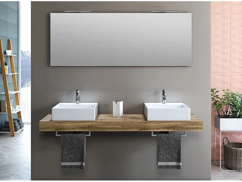 Ensemble meuble de salle de bain chêne clair double vasque et miroir lumineux Kyo L 165cm