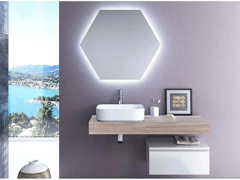 Ensemble meuble de salle de bain 1 tiroir bois clair et laqué blanc et miroir à LED Kyo L 120cm