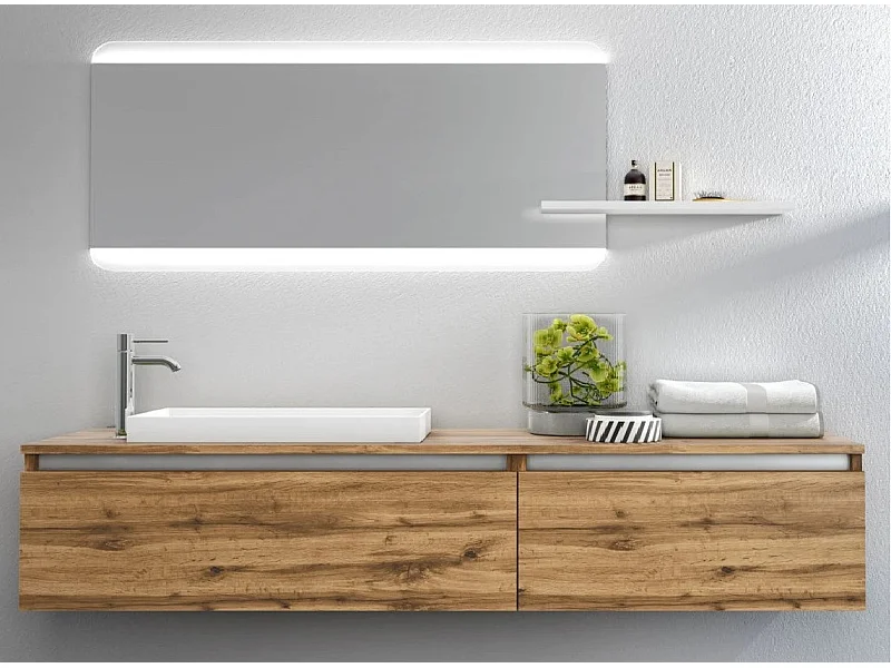 Ensemble meuble de salle de bain 2 tiroirs chêne clair et miroir à LED Teph L 170cm
