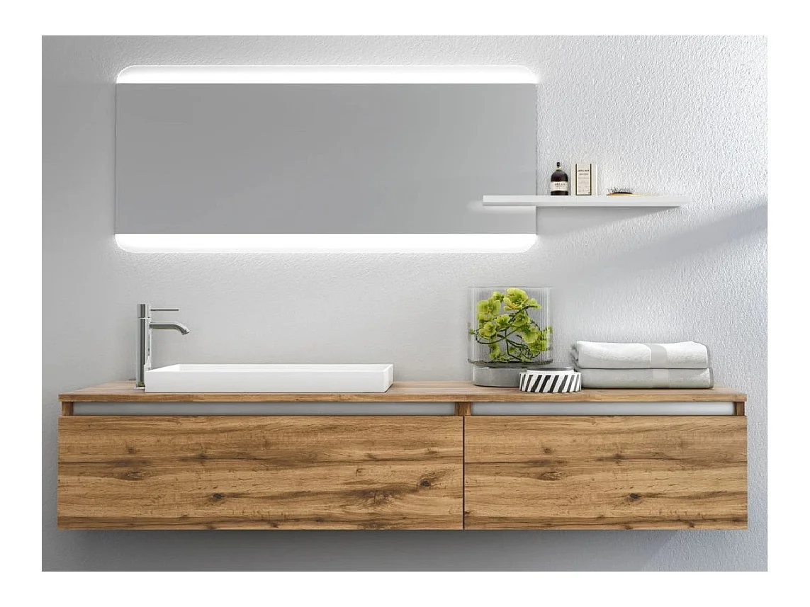 Ensemble meuble de salle de bain 2 tiroirs chêne clair et miroir à LED Teph L 170cm