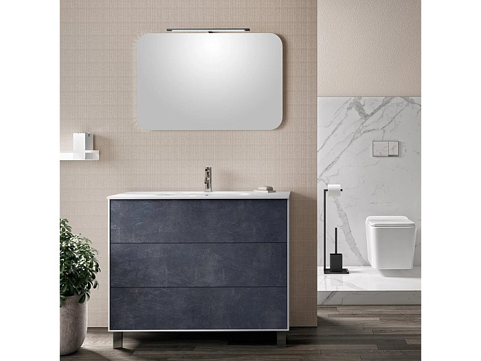 Ensemble meuble de salle de bain 3 tiroirs laqué blanc et bleu effet