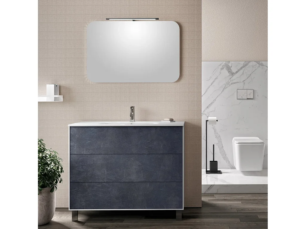 Ensemble meuble de salle de bain 3 tiroirs laqué blanc et bleu effet pierre et miroir à LED Oga L 100cm