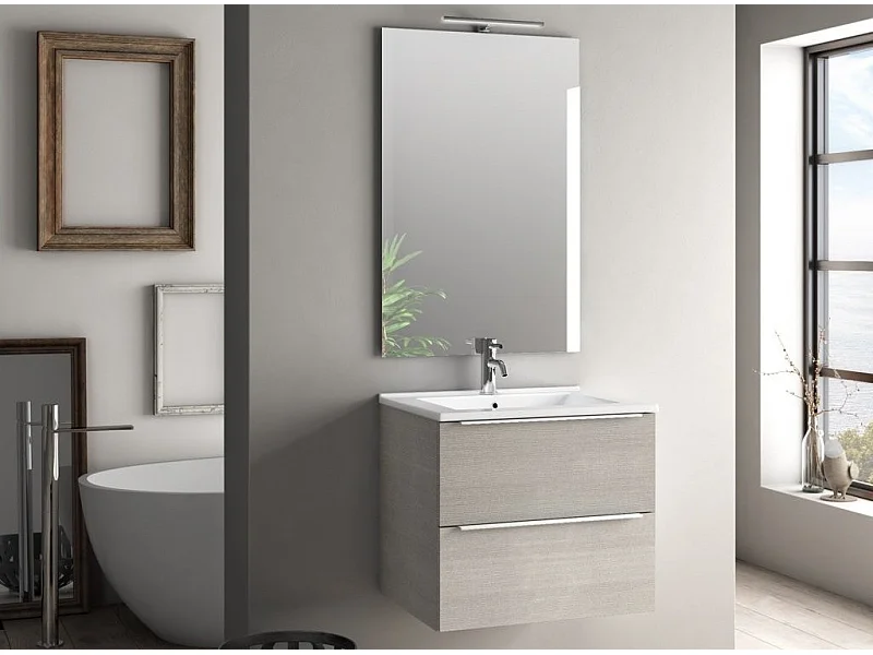 Ensemble meuble de salle de bain 2 tiroirs bois beige et miroir lumineux Malo L 60cm