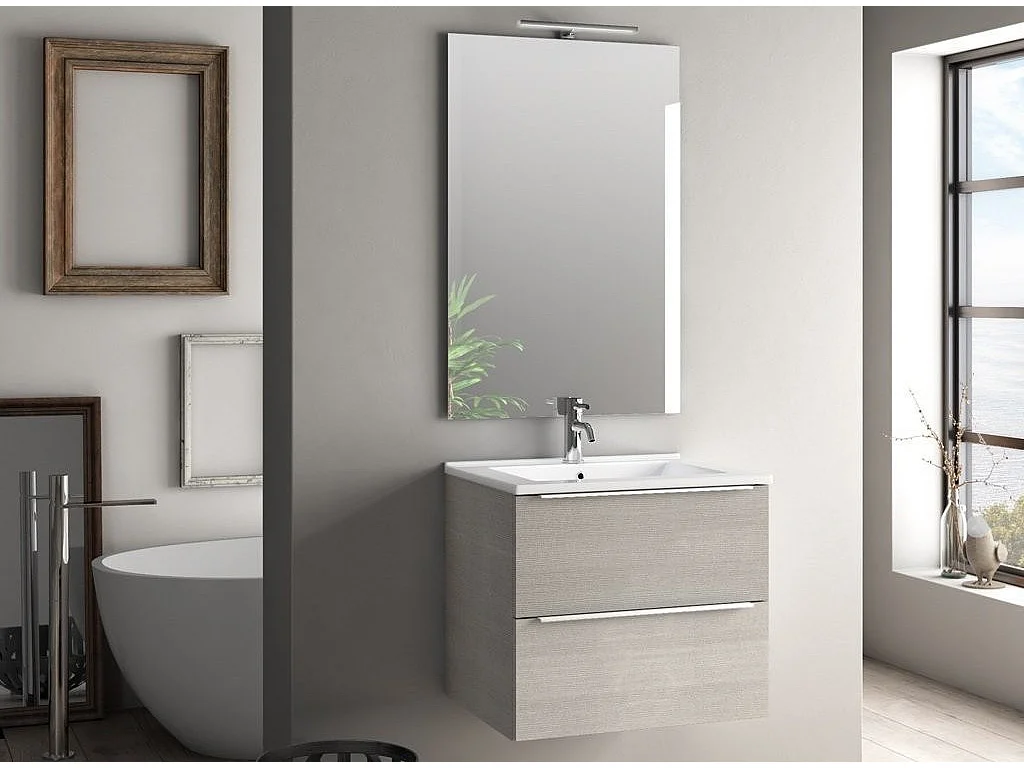 Ensemble meuble de salle de bain 2 tiroirs bois beige et miroir lumineux Malo L 60cm