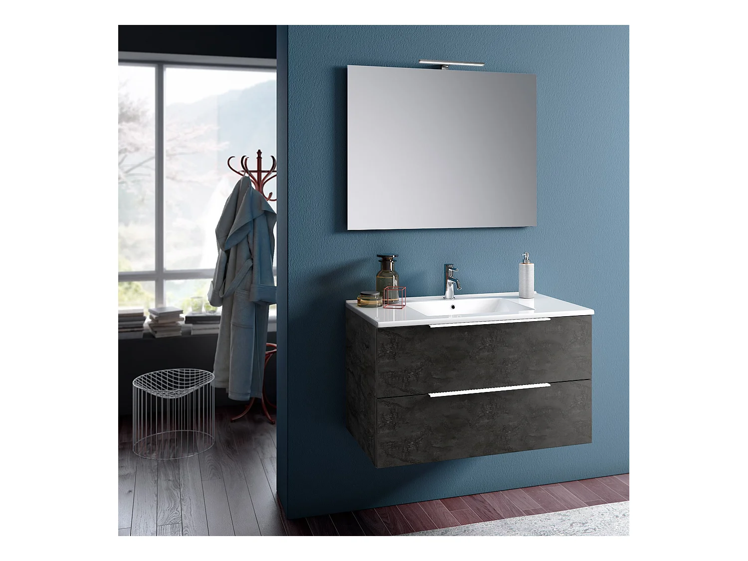 Ensemble meuble de salle de bain 2 tiroirs gris oxyde et miroir à LED Mola L 90cm